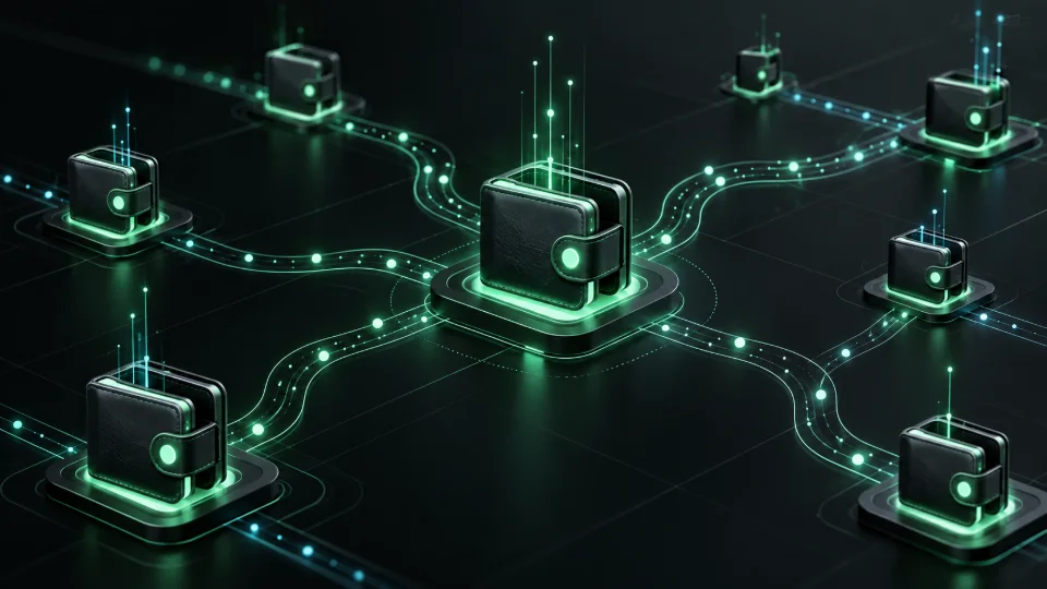 Solana wallet tracking concept with linked public addresses and transaction paths